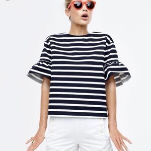 J. Crew Black and White Striped Ruffle Sleeve Top